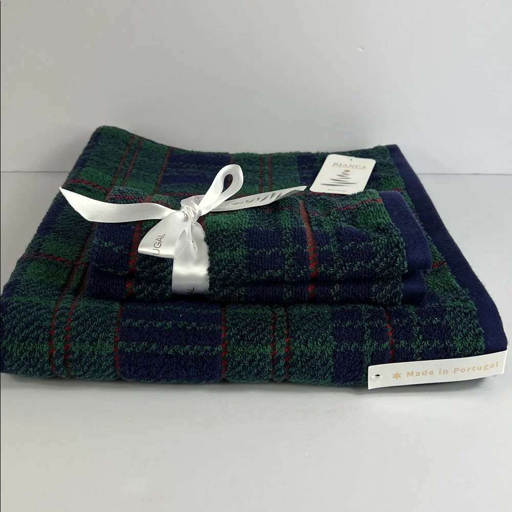 Bianca Bath Towel Set Plaid Green Blue Red Tartan Made in Portugal 3Pc Set NEW